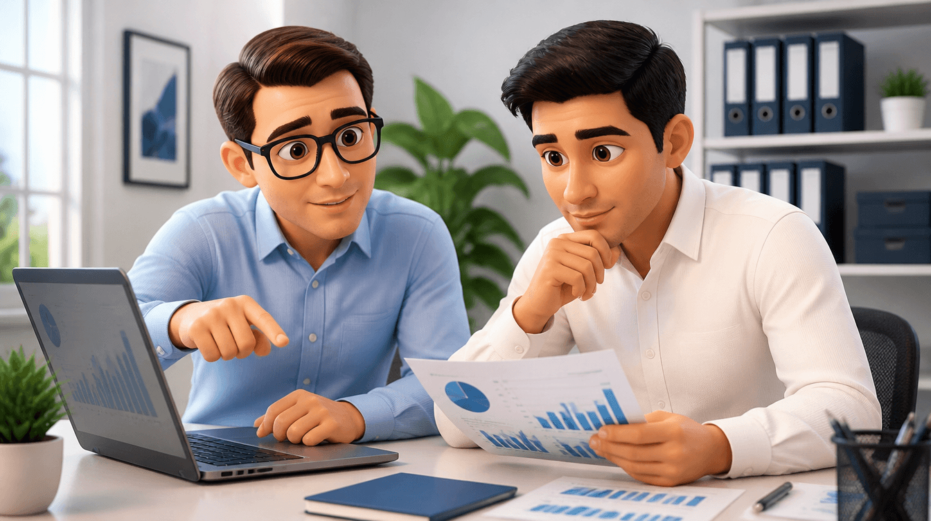 Contador asignado revisando las cuentas del negocio junto al titular.