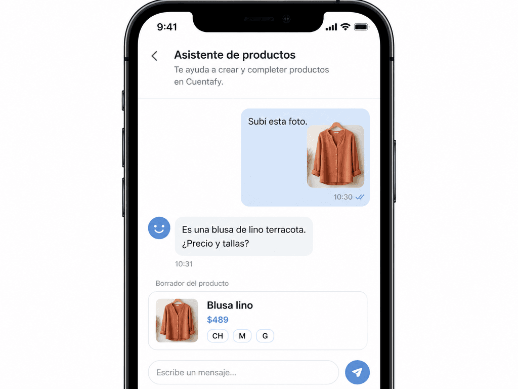 Chat del asistente de productos con foto, pregunta de precio y borrador listo para revisar.